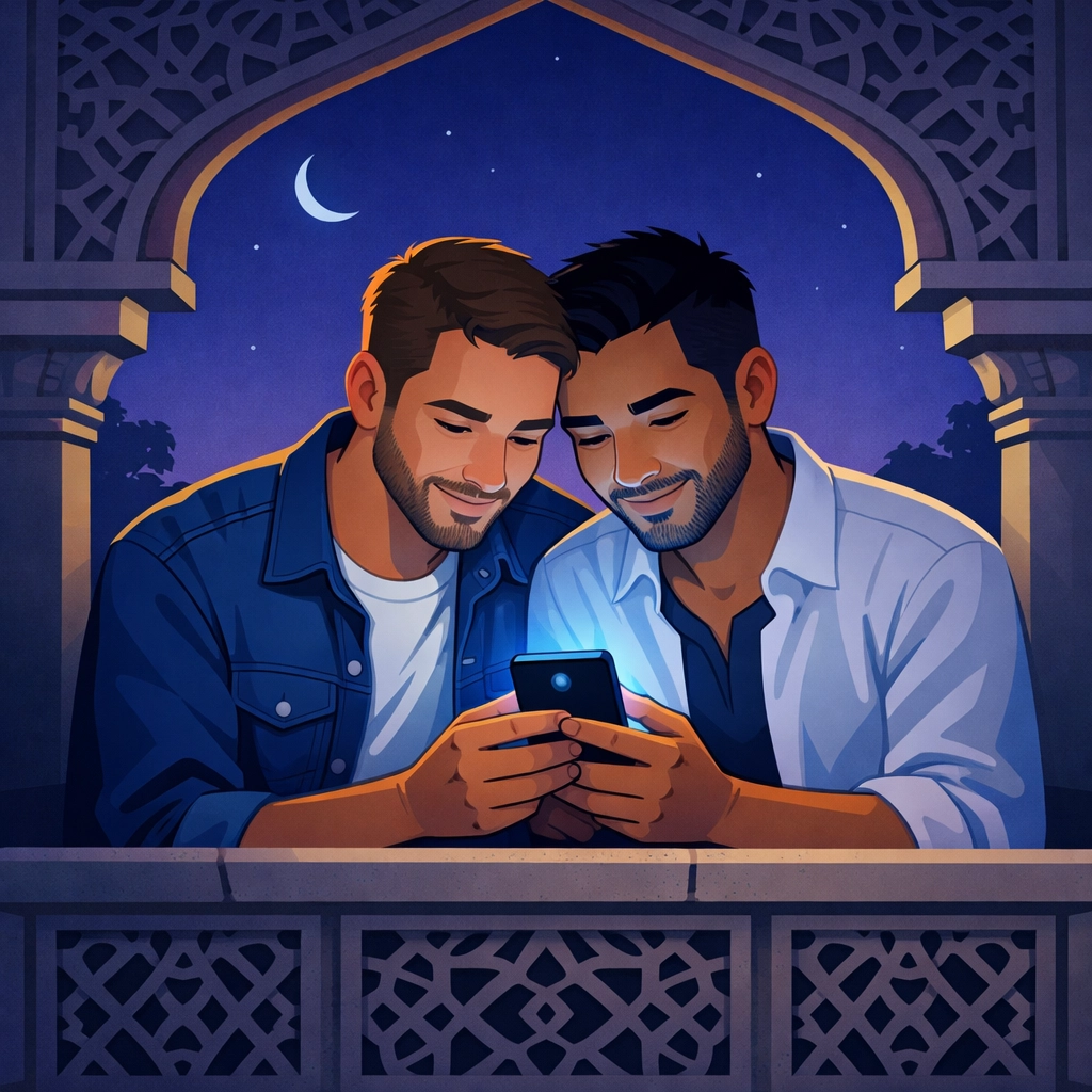 Two gay men on a Middle Eastern balcony finding connection and sanctuary through a smartphone.