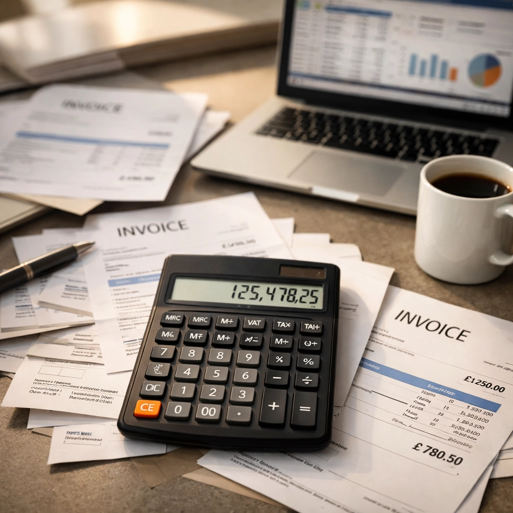 UK accounting desk with invoices and calculator showing hidden admin costs in bookkeeping