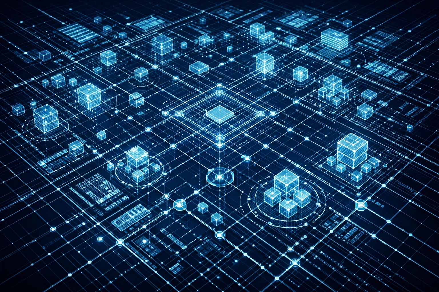 Digital blueprint of nodes and data streams representing a Zoho CRM automation database.