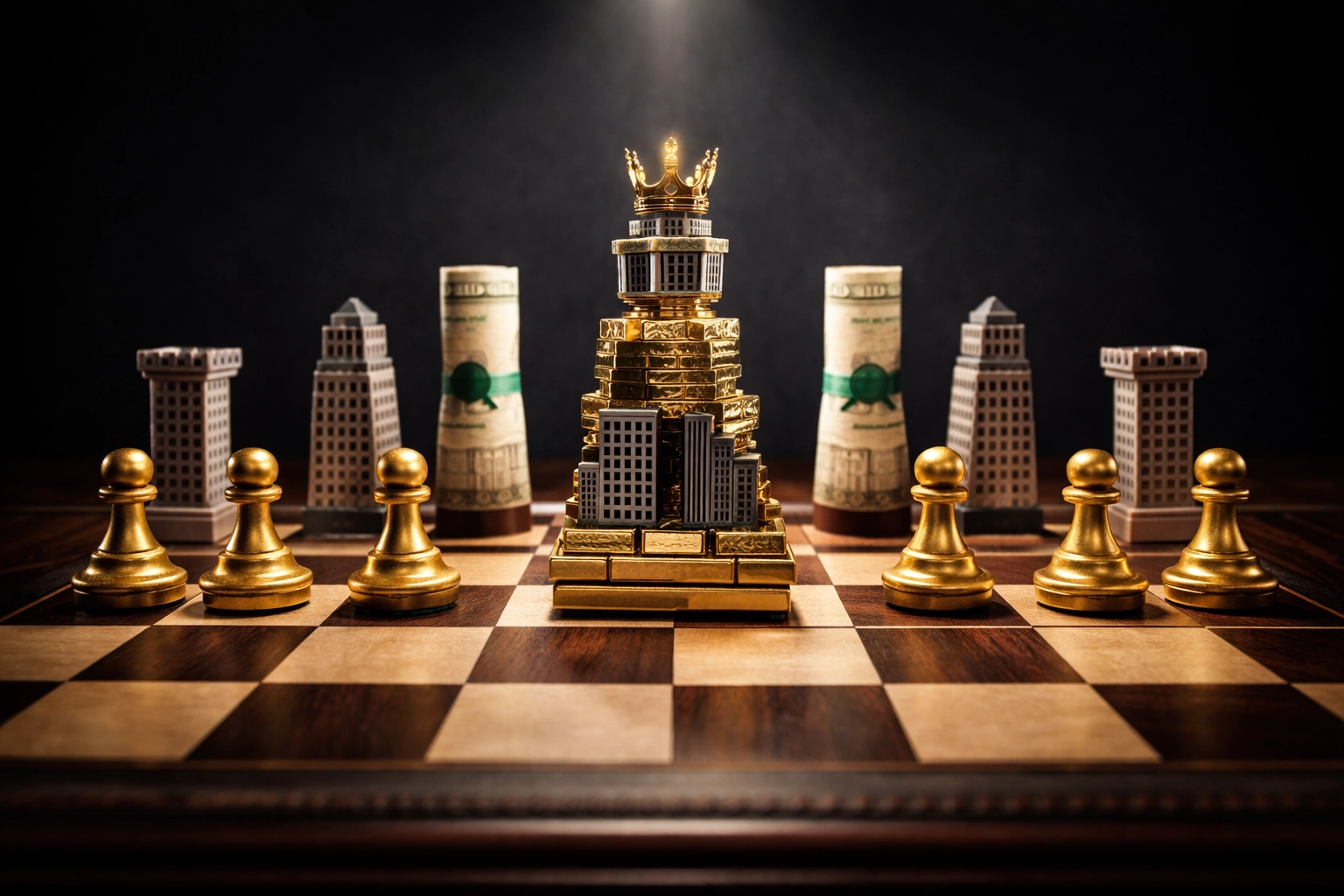 Chess board with asset class pieces representing strategic portfolio diversification and wealth management