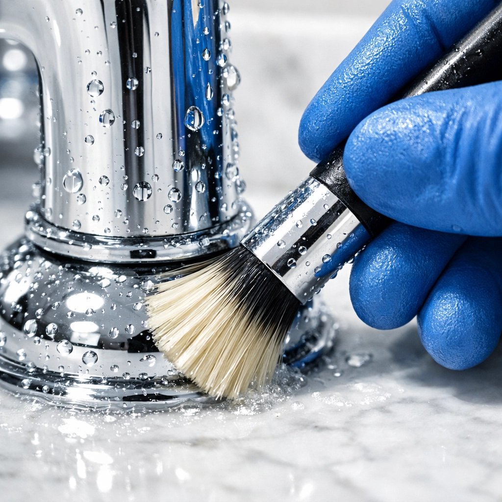Professional hand scrubbing a bathroom faucet during a deep cleaning Wellesley MA service.