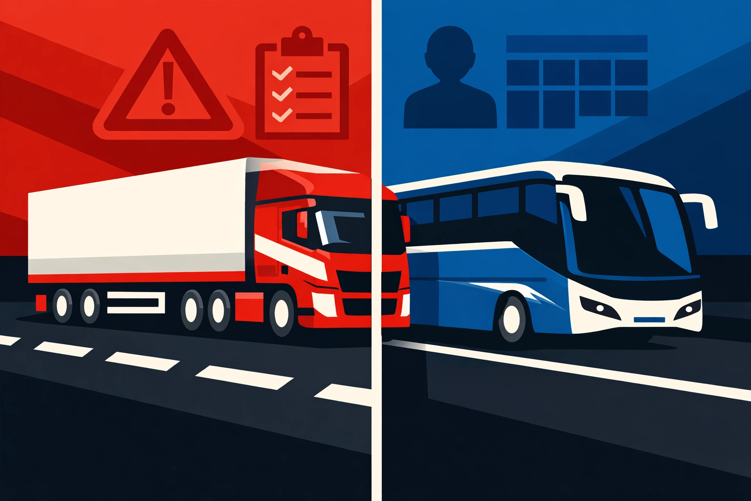 Road haulage truck and passenger transport coach representing TM CPC specializations