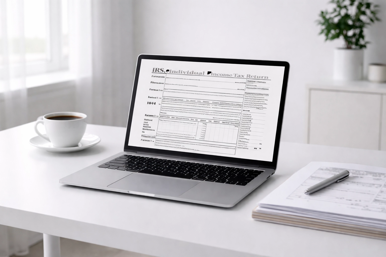 Modern office desk with laptop and tax forms, illustrating efficient ERO tax preparation workflow