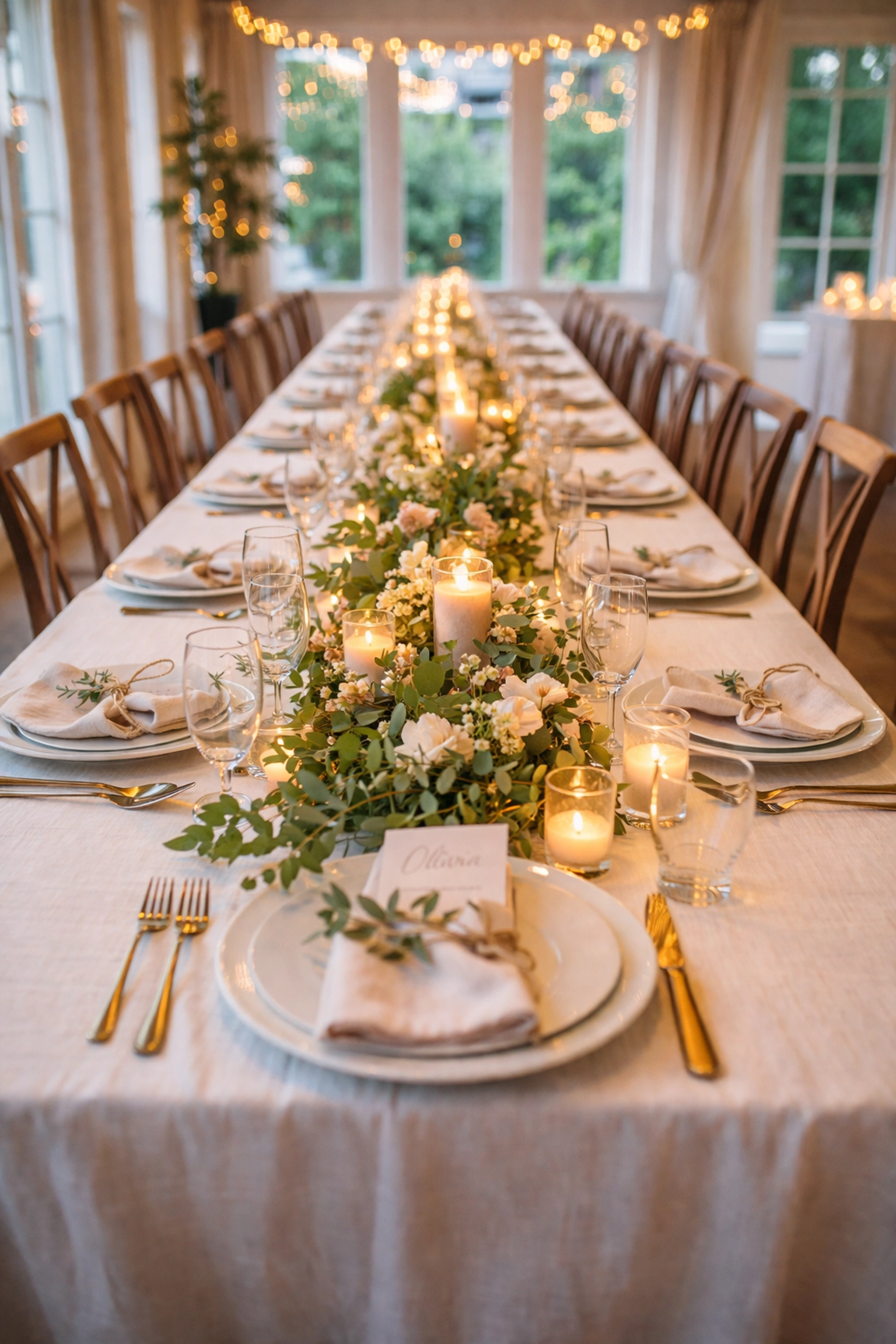Intimate reception table for a small wedding with simple decor, greenery, and candlelight for a cozy celebration.