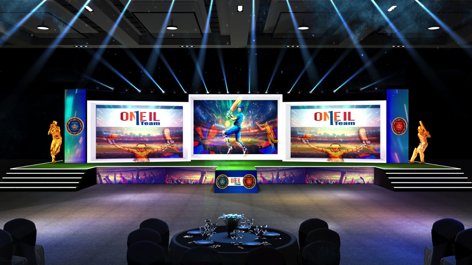 Dynamic event stage setup featuring high-definition LED walls and dramatic lighting