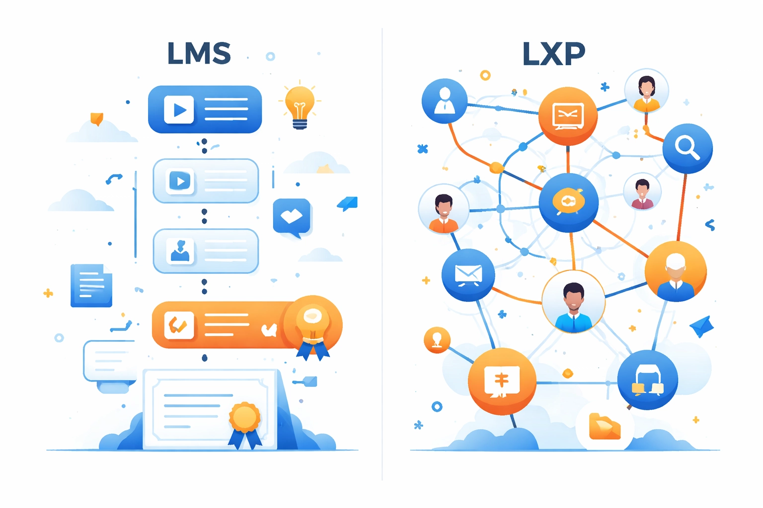 Comparison of LMS vs Learning Experience Platform pathways showing structured learning versus personalized, engaging learning experiences for academies