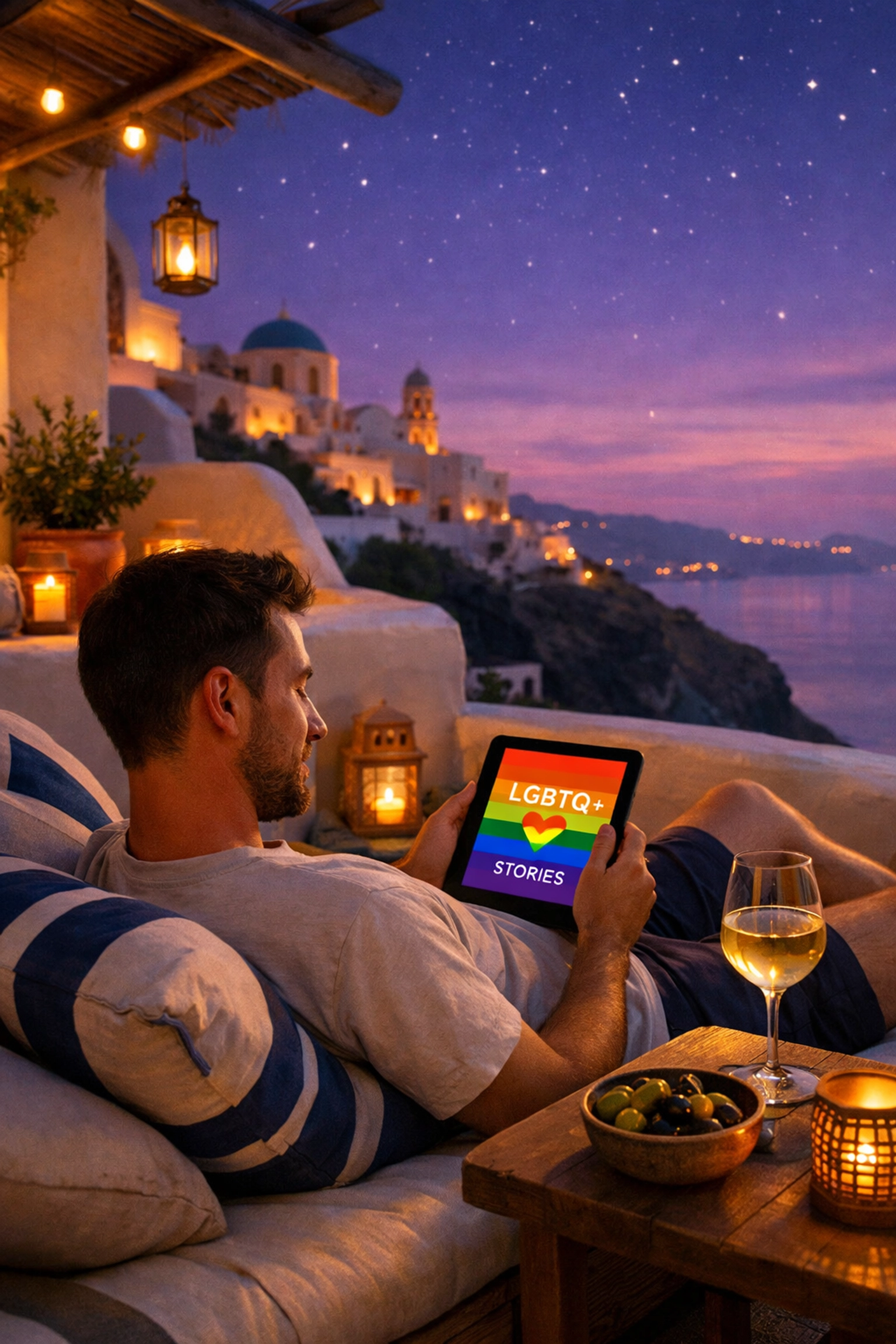 Man relaxing on a Santorini terrace while reading an LGBTQ+ ebook during a purple dusk.