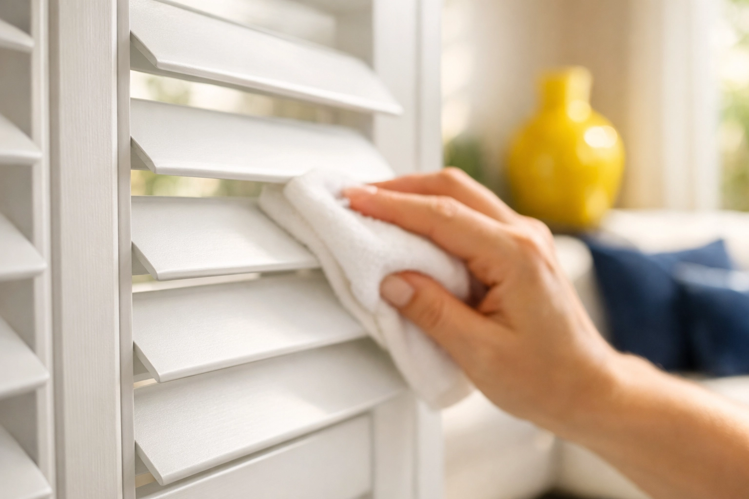 Dust-free white window blinds highlighting clean home tips for a spotless living room.