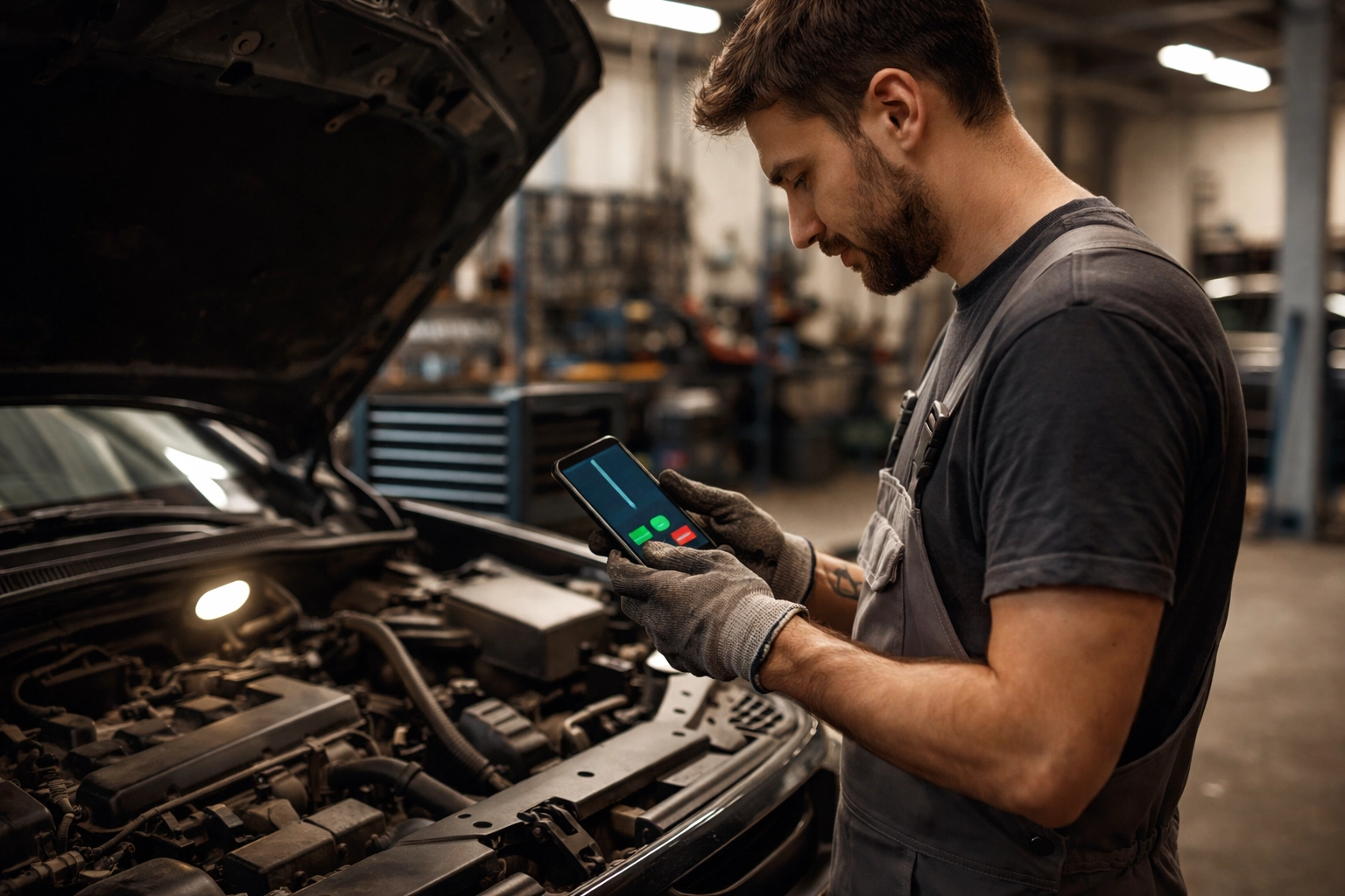 Mechanik sięga po telefon w warsztacie, pokazując problem z umawianiem wizyt bez systemu online