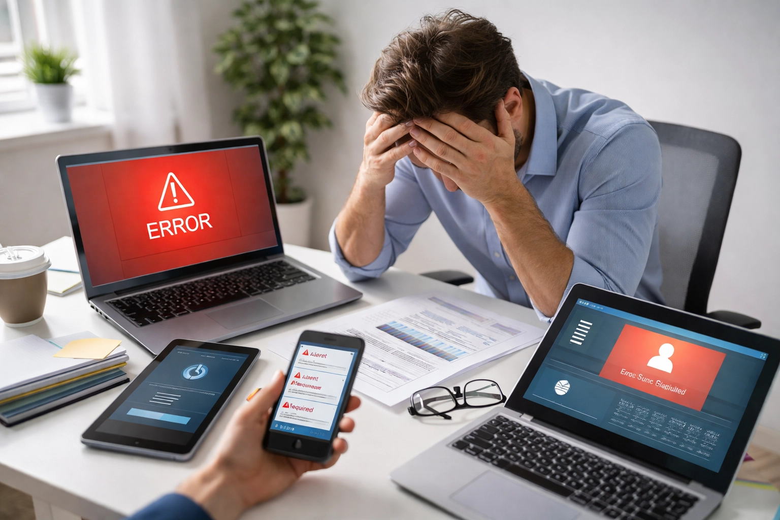 Frustrated business owner overwhelmed by devices and software, illustrating challenges of DIY self-guided tour apps