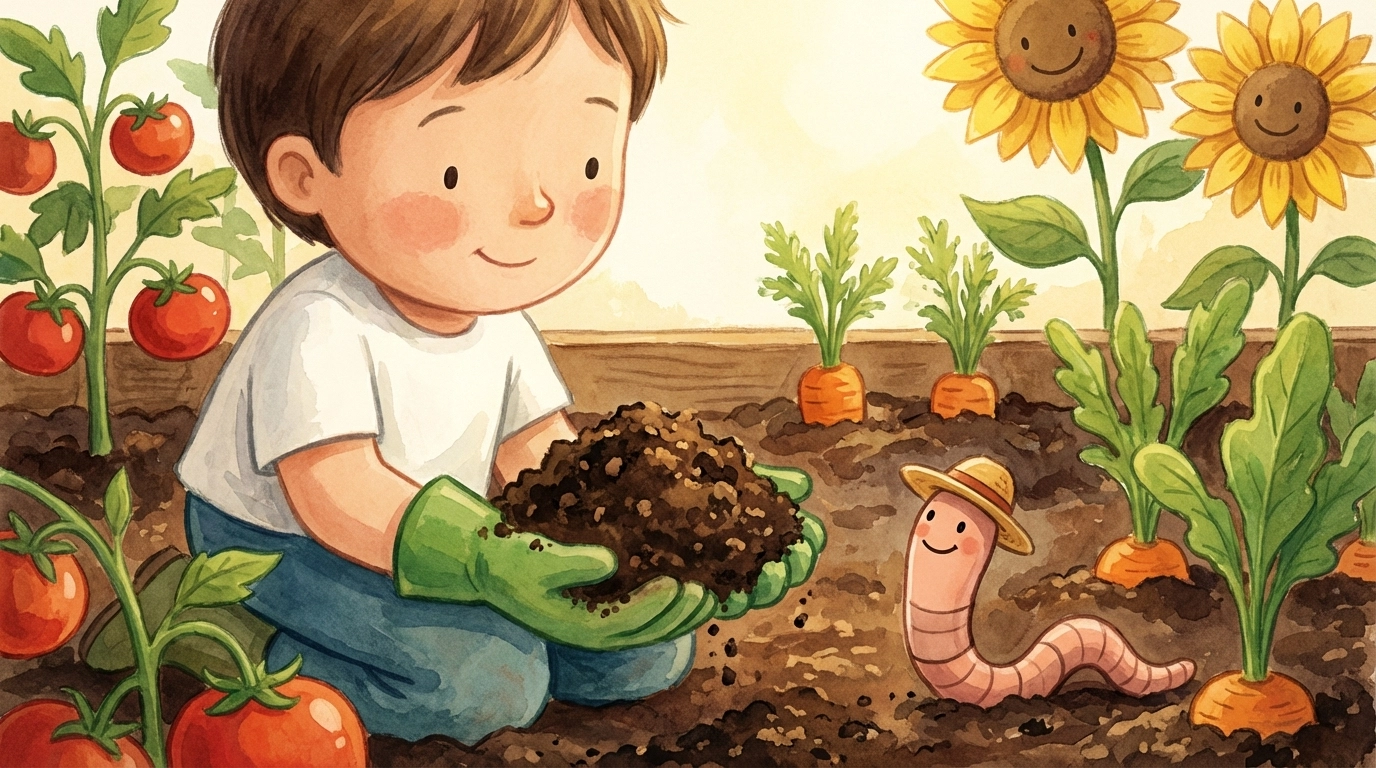 A proud child holds finished compost in a garden, surrounded by vegetables and a smiling earthworm.
