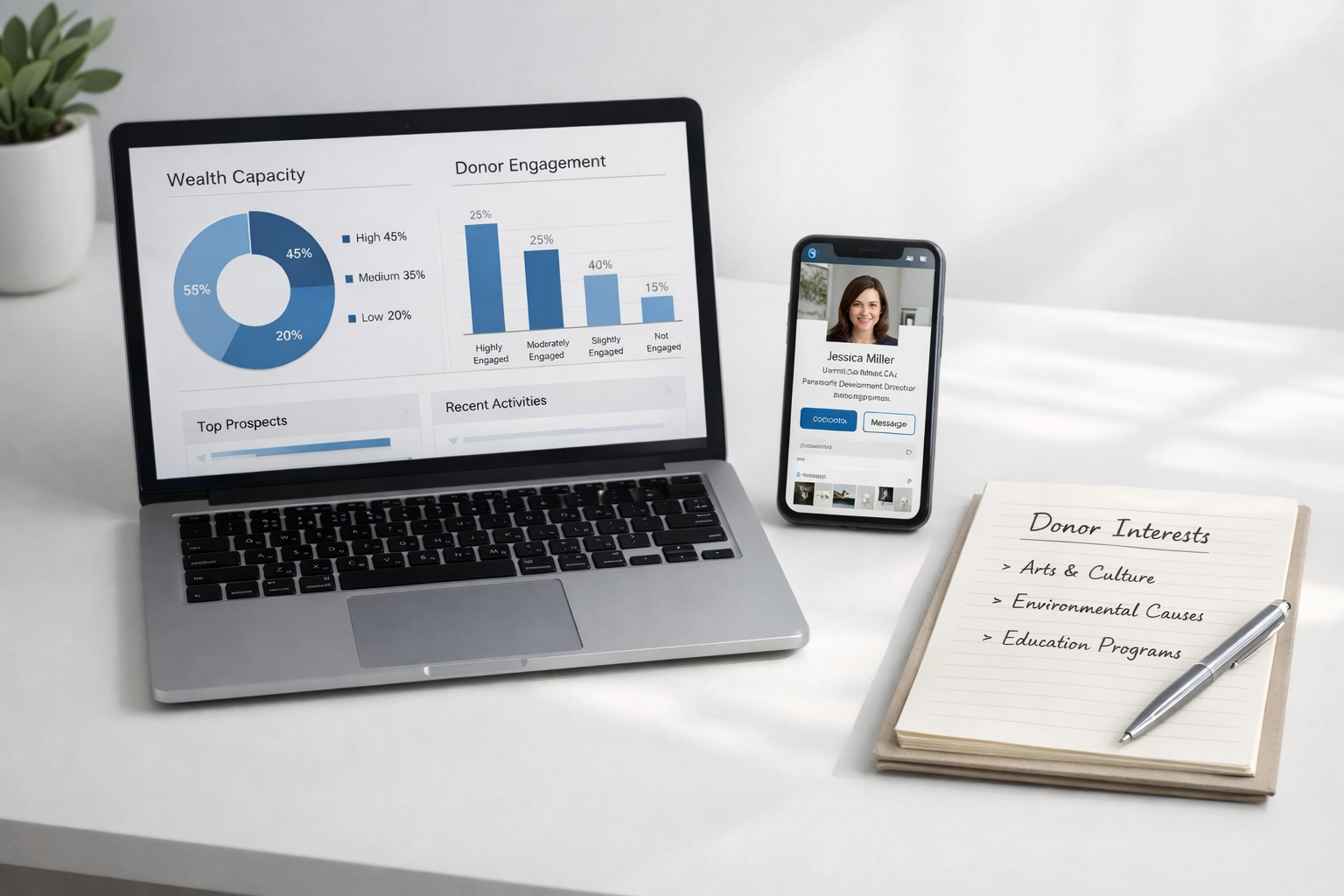 Digital workspace showing prospect research tools and donor wealth analytics