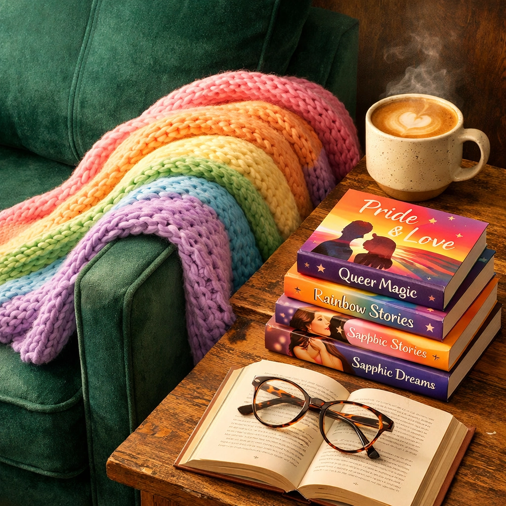 A cozy reading nook with a pride blanket and a stack of LGBTQ+ ebooks for a gay book club.
