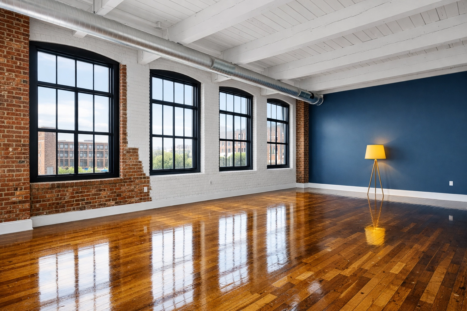 Clean industrial loft in Lowell MA with polished floors after move-in/move-out cleaning Lowell.