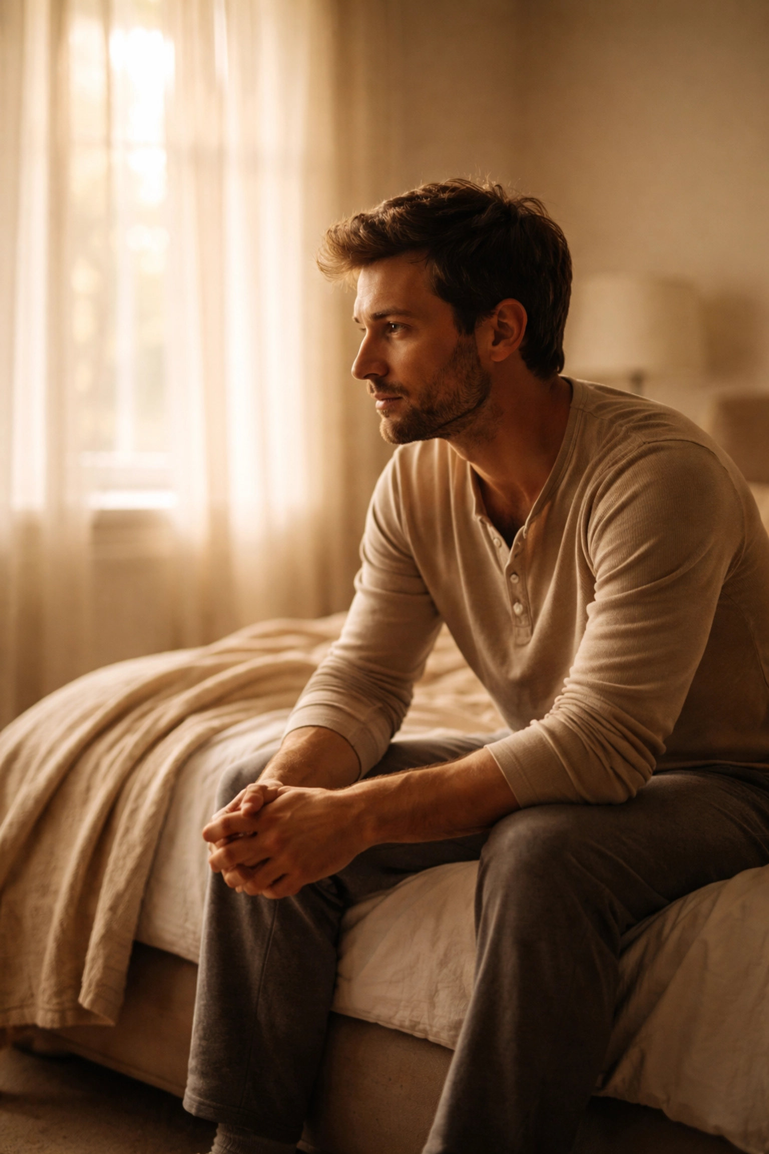 Férfi elgondolkodva ül az ágyon reggeli fényben - merevedési zavarral küzdők gyakran érzik magukat egyedül