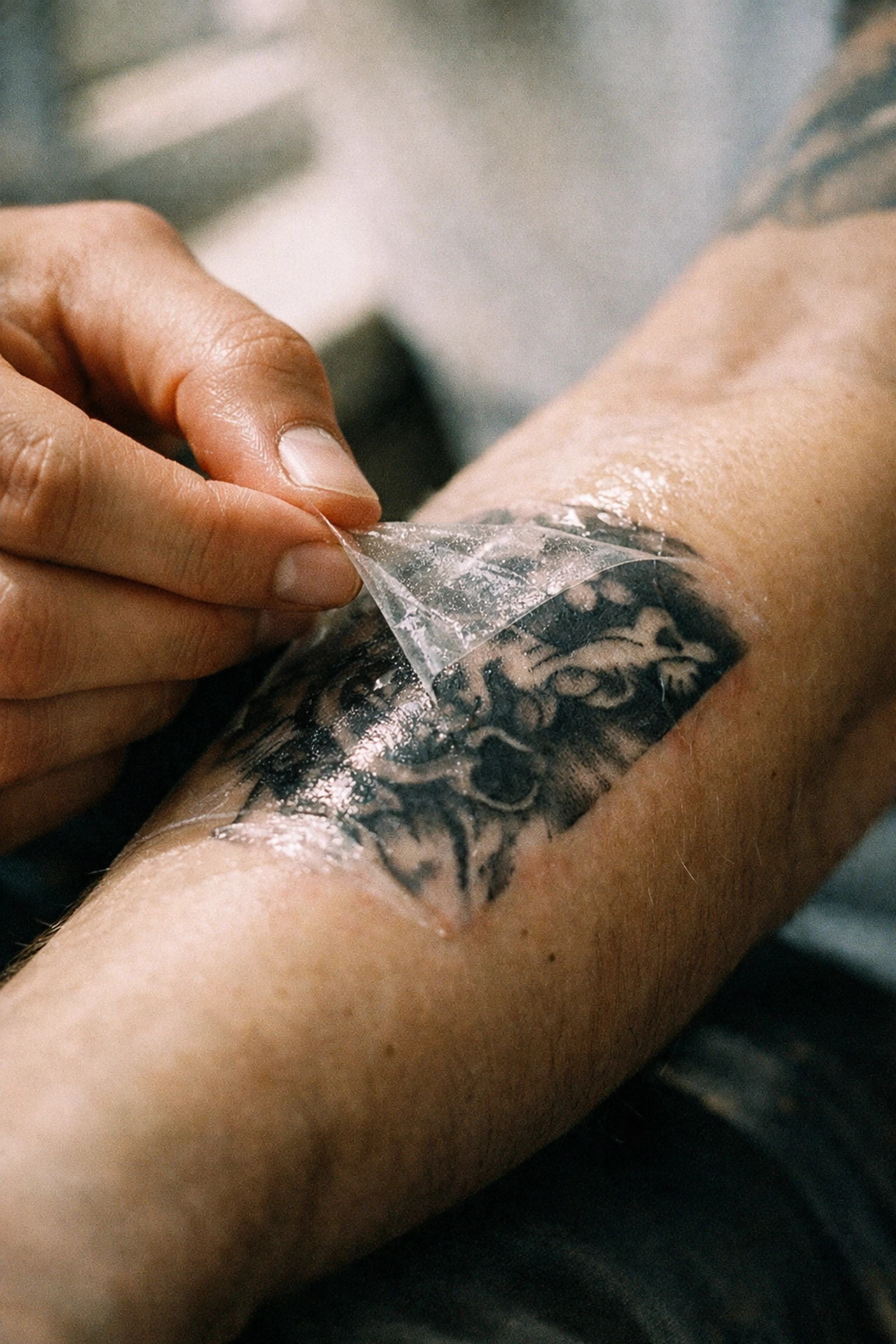 Removing a medical bandage from a fresh tattoo following professional aftercare instructions for safe healing.