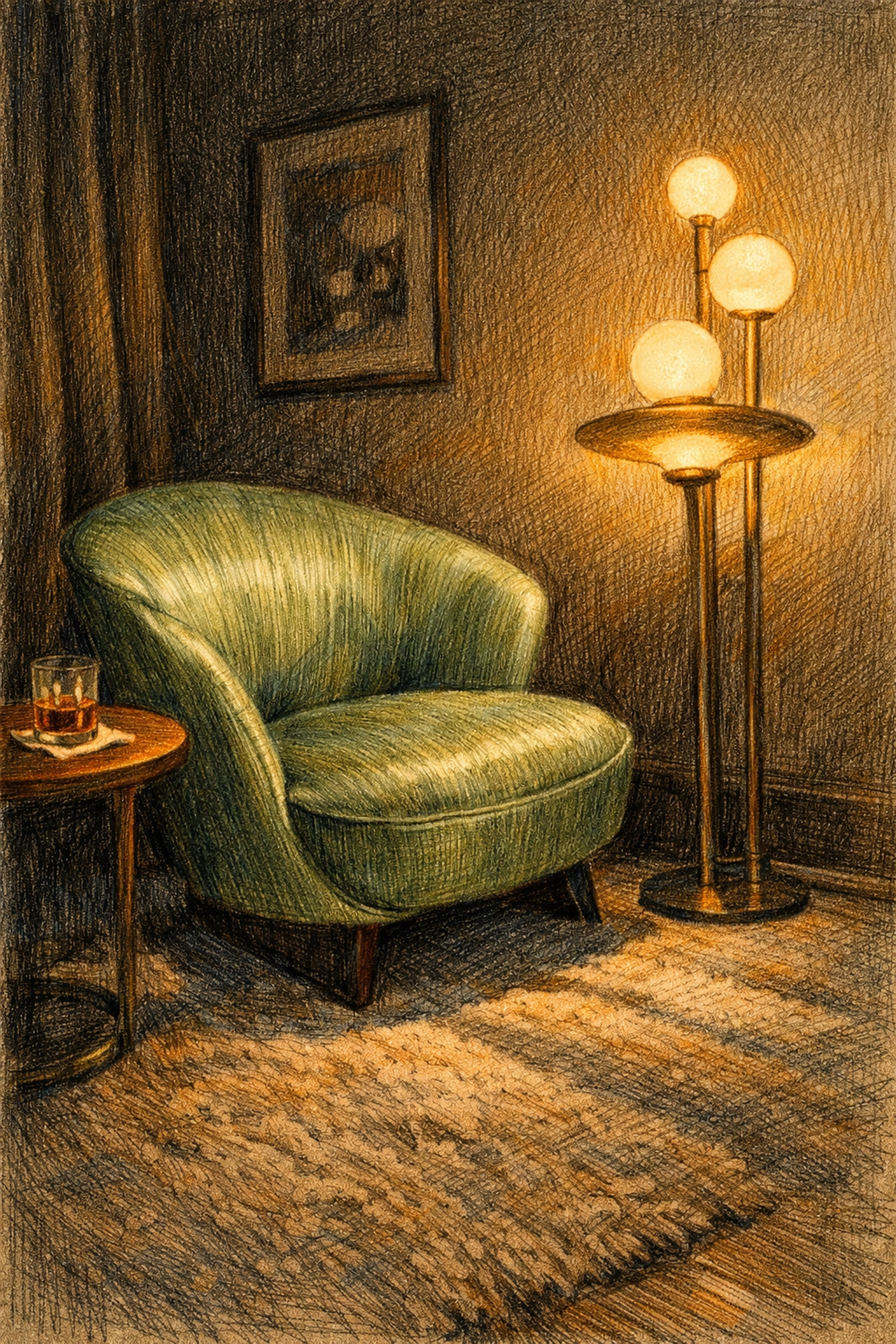 Boutique hotel lounge corner with a silk armchair and warm lighting for relaxed luxury.