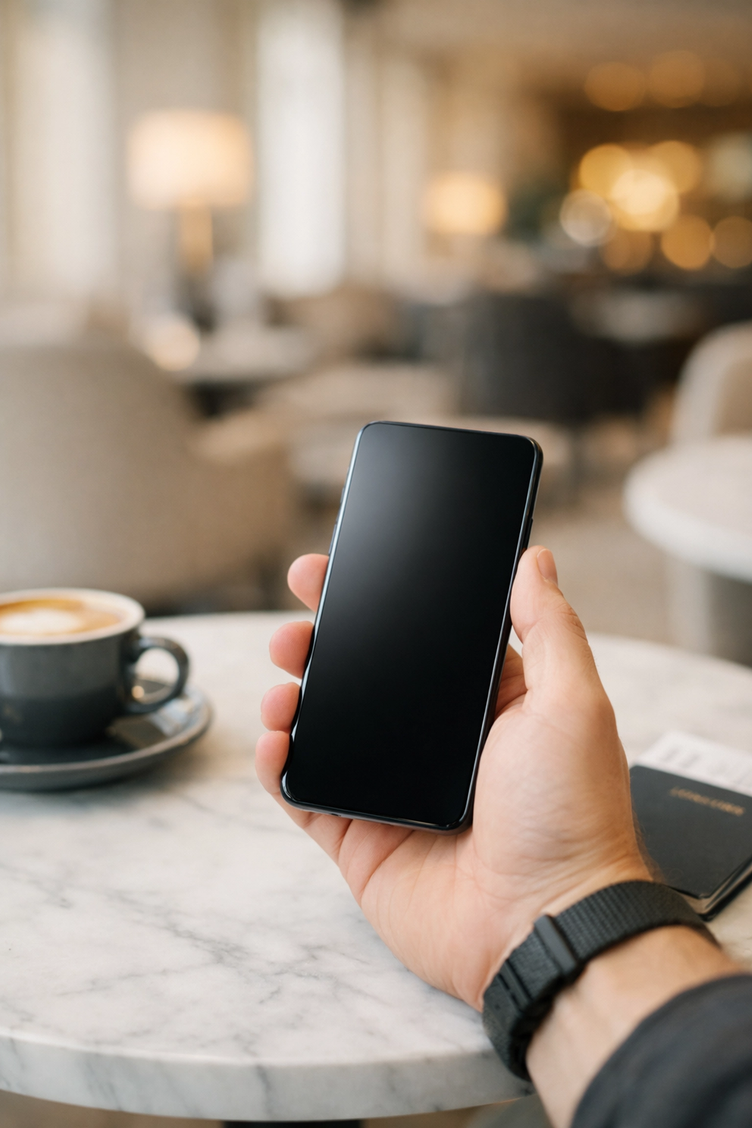 A traveler using a smartphone to search for boutique hotels via an AI agent in a luxury lobby.