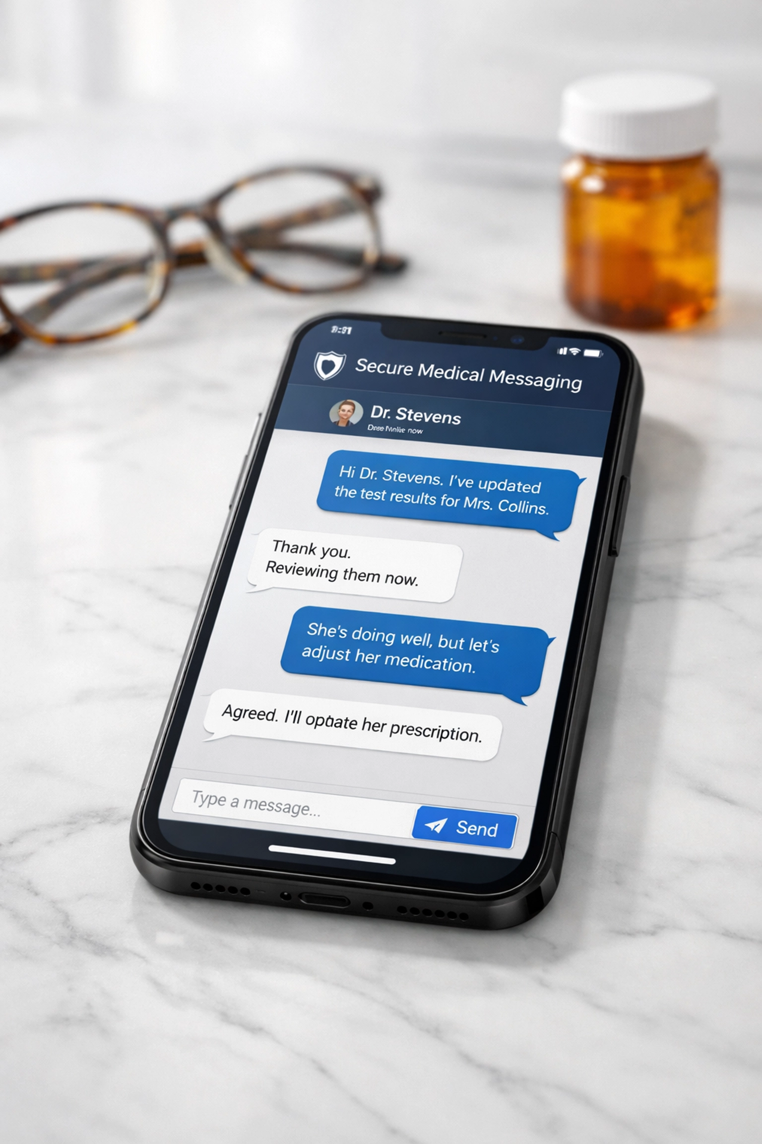 Smartphone showing secure medical messaging with an online doctor for prescription refills.