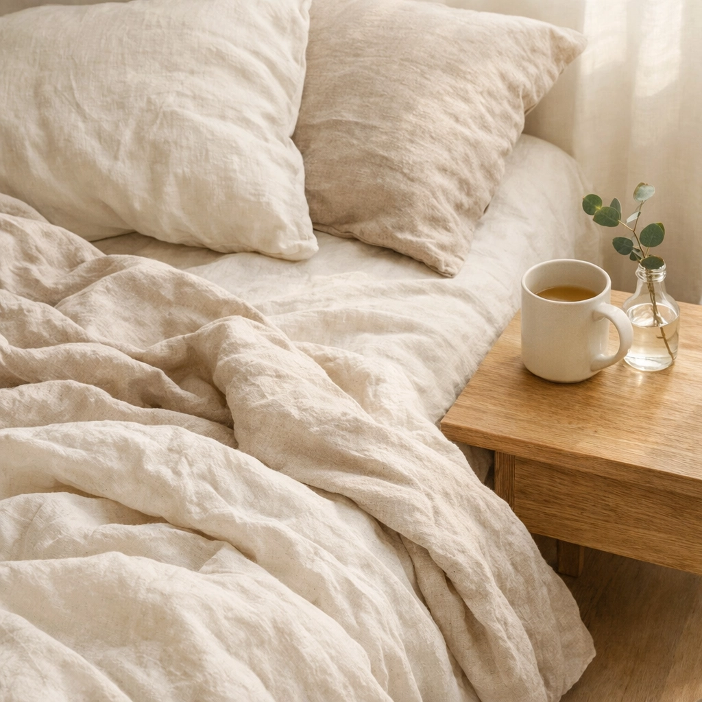 A cozy, sunlit bed representing restorative sleep and postpartum recovery support for new mothers.