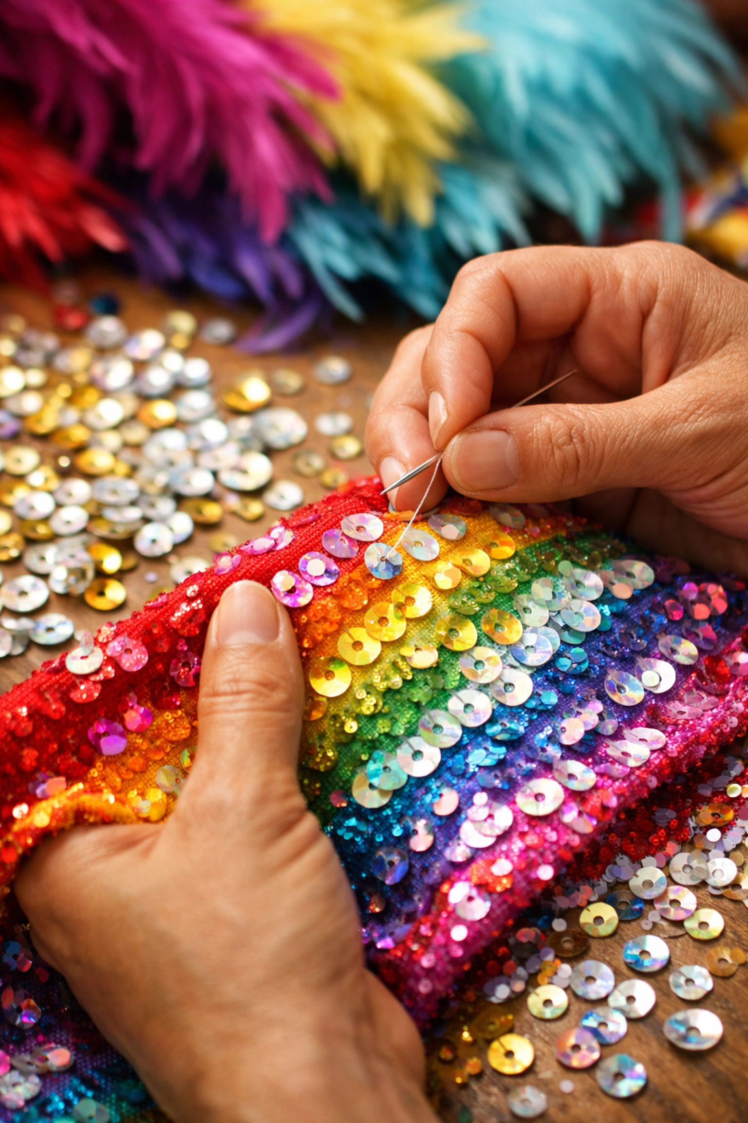 Hands sewing colorful sequins onto fabric for LGBTQ+ Carnival costume