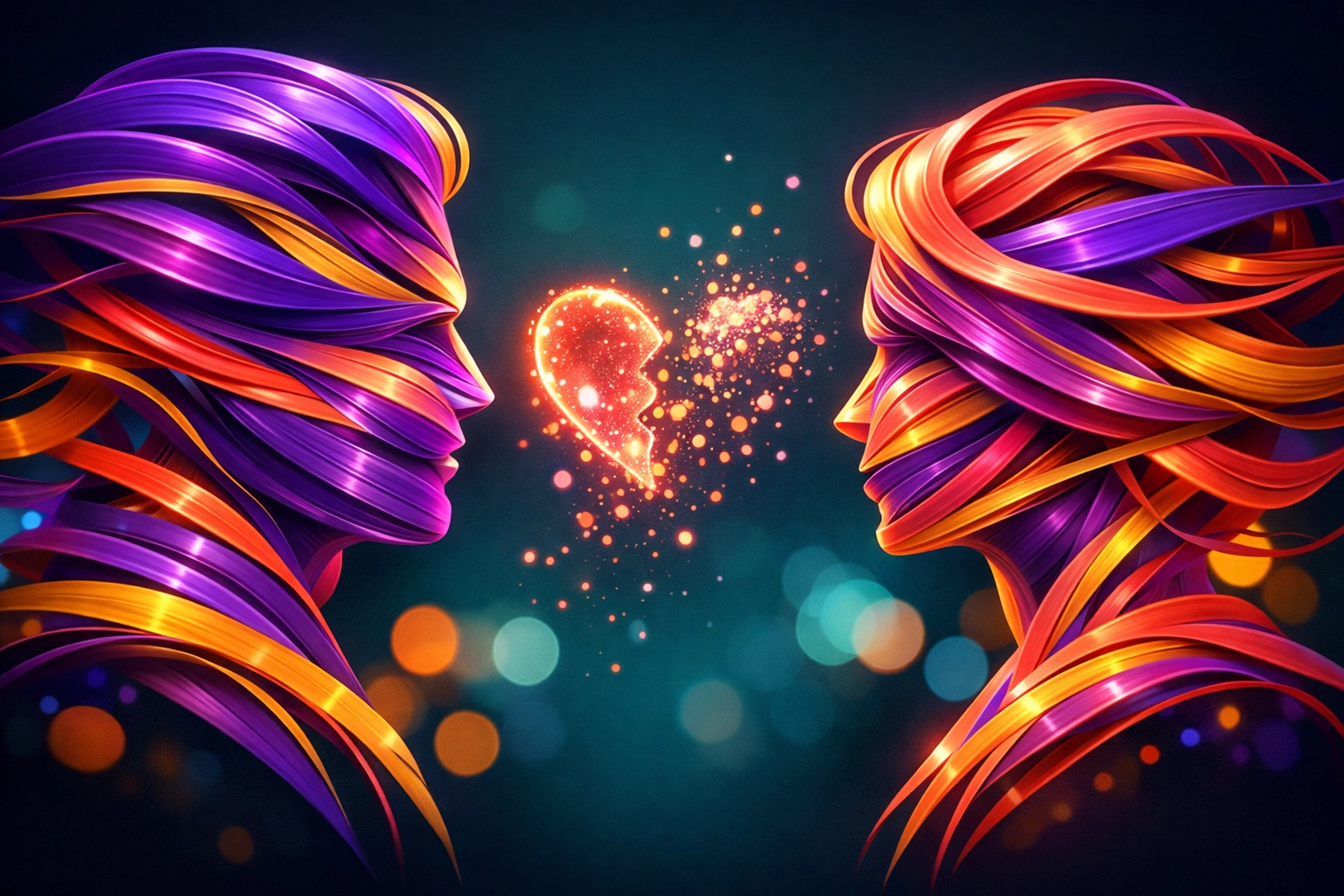 Two silhouettes facing each other with dissolving heart symbolizing communication breakdown in relationships