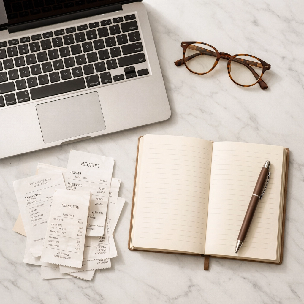 Marketing expense tracking with laptop, receipts, and budget calculations