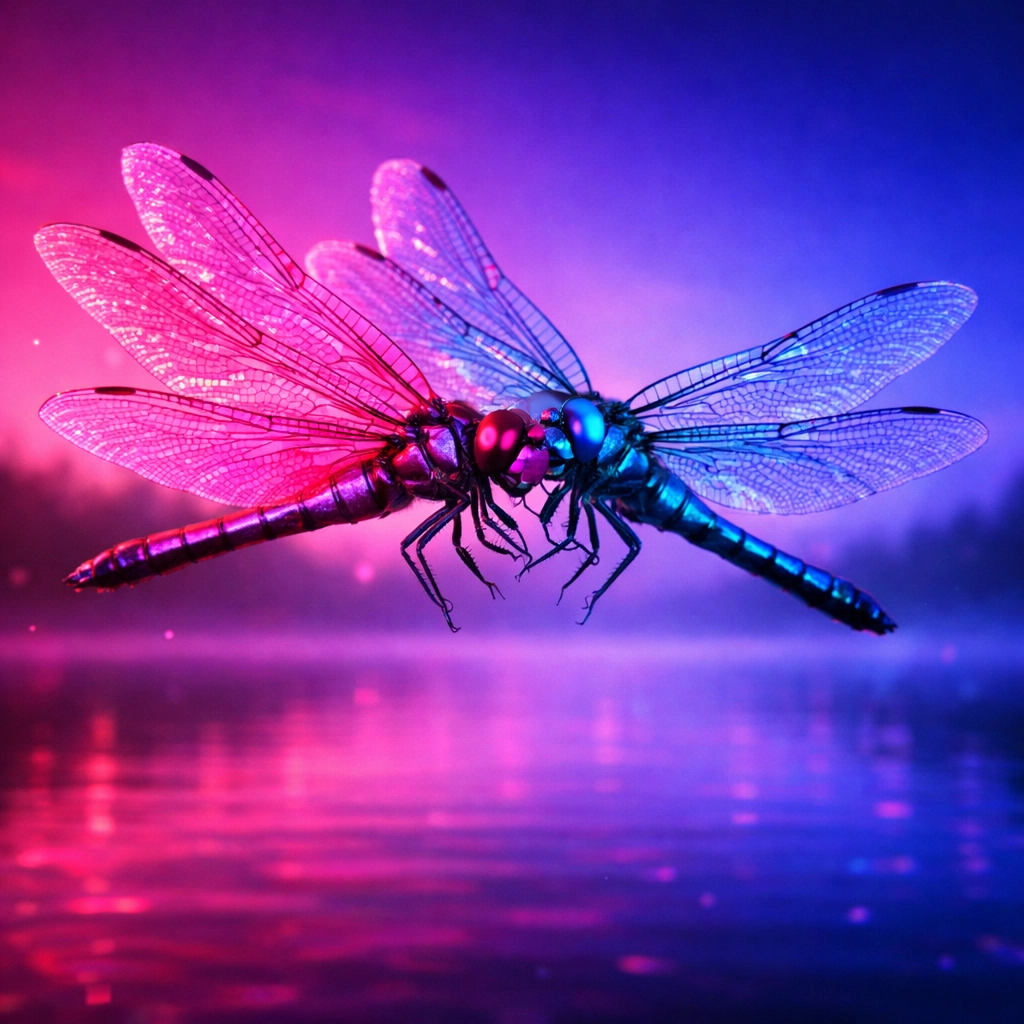 Two dragonflies flying together in purple and blue light, representing queer diversity in the insect world.