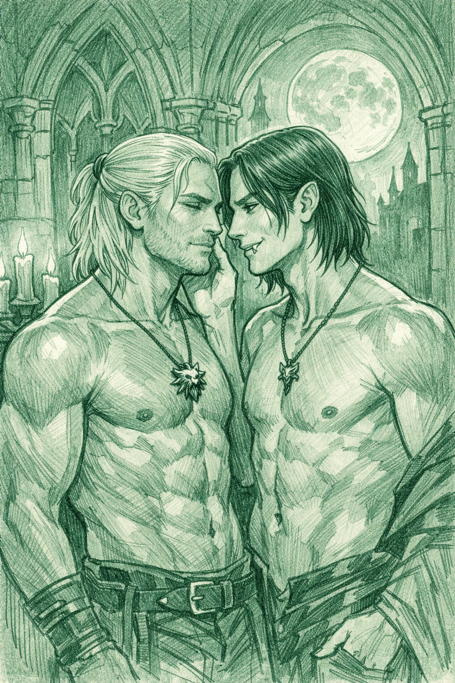 Vampire touching witcher's face in romantic moment - MM paranormal romance