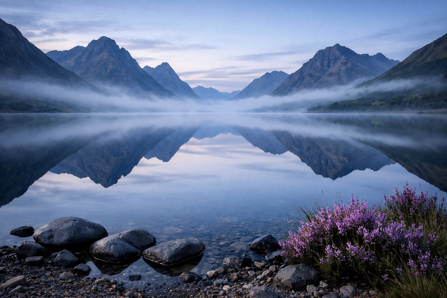 A serene Scottish loch at dawn, reflecting mountain peaks in mirror-still water to find inner peace.