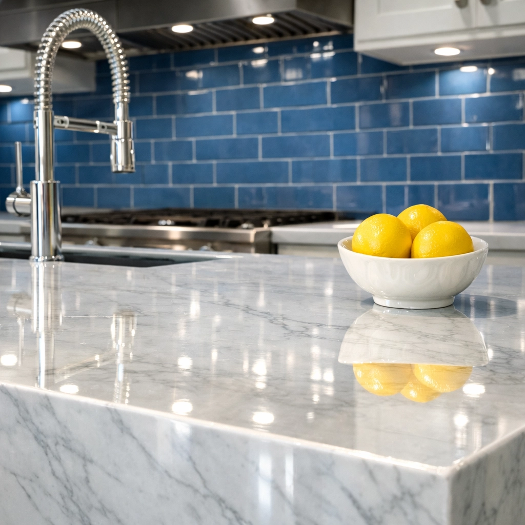 Deeply cleaned marble kitchen island in a Carlisle home, illustrating professional sanitization standards.