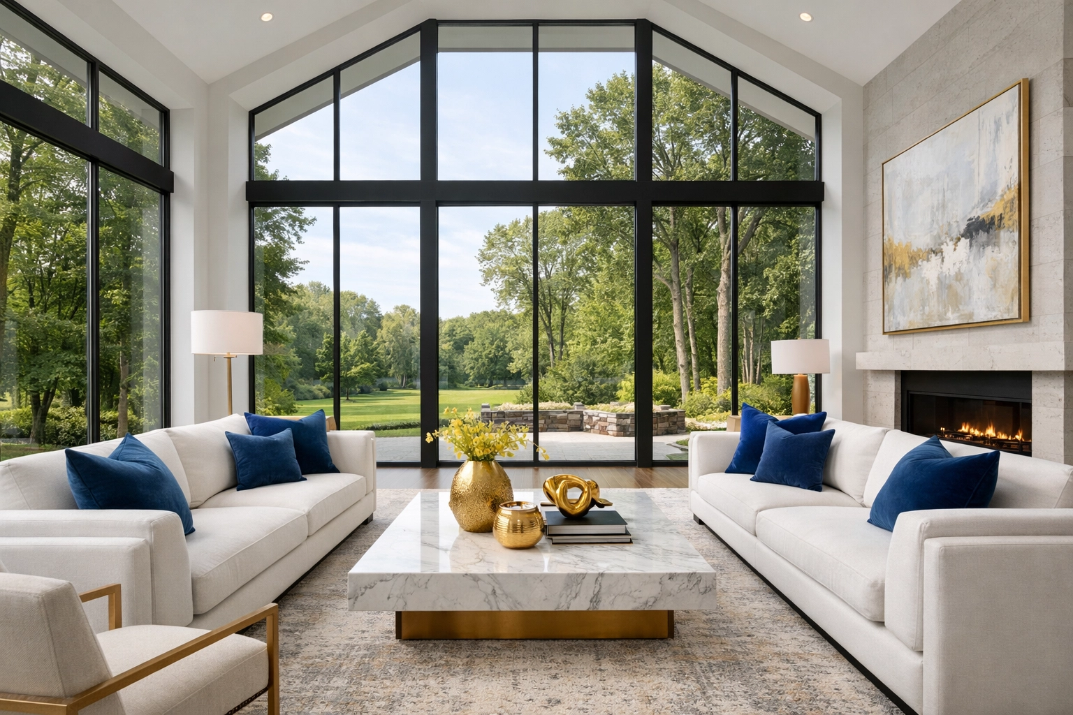 A spotless luxury living room in Needham with white sofas and blue accents after professional cleaning.
