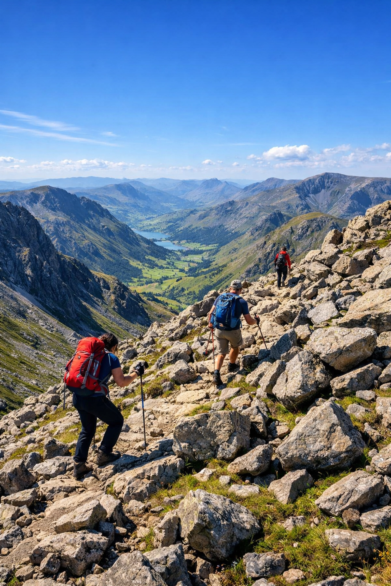 Hikers ascending steep Lake District fell on challenging guided mountain walk