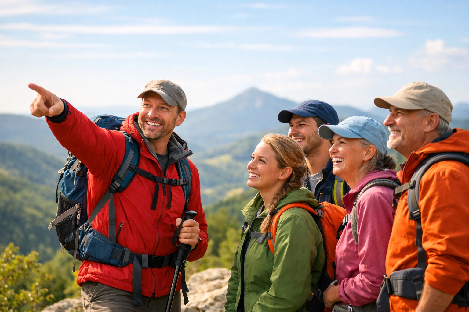 A hiking guide explaining the landscape to a group of hikers at a scenic overlook during a guided tour UK.