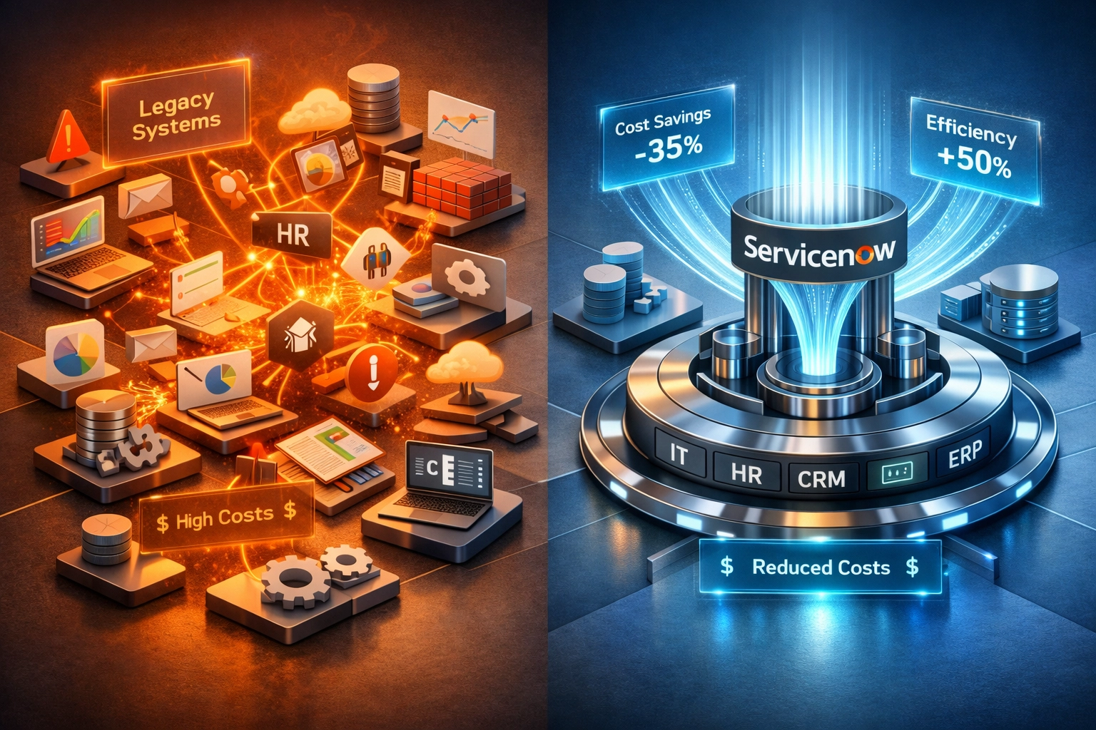 ServiceNow ITOM platform consolidation showing tool rationalization and cost optimization