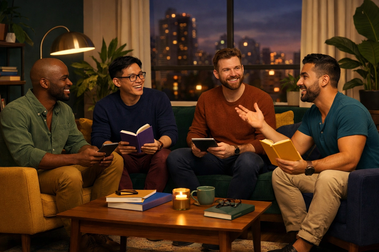 A diverse group of gay men in a book club discussing LGBTQ+ fiction and MM romance books in a cozy apartment.