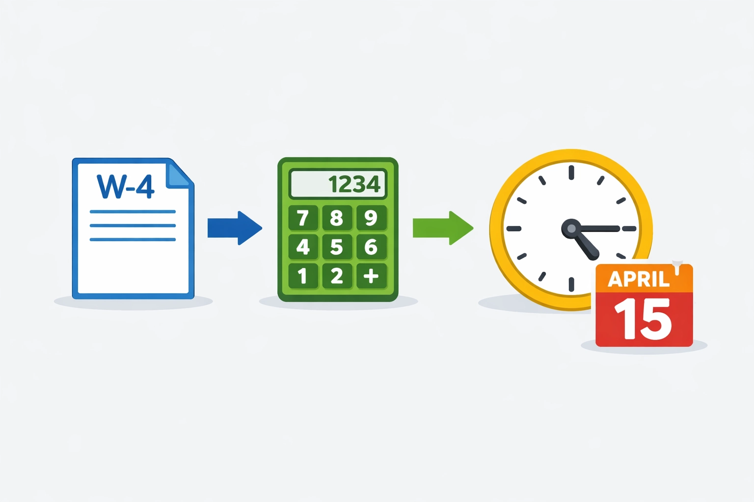 Tax preparation checklist showing W-4 form, calculator, and April 15 deadline for 2026 filing