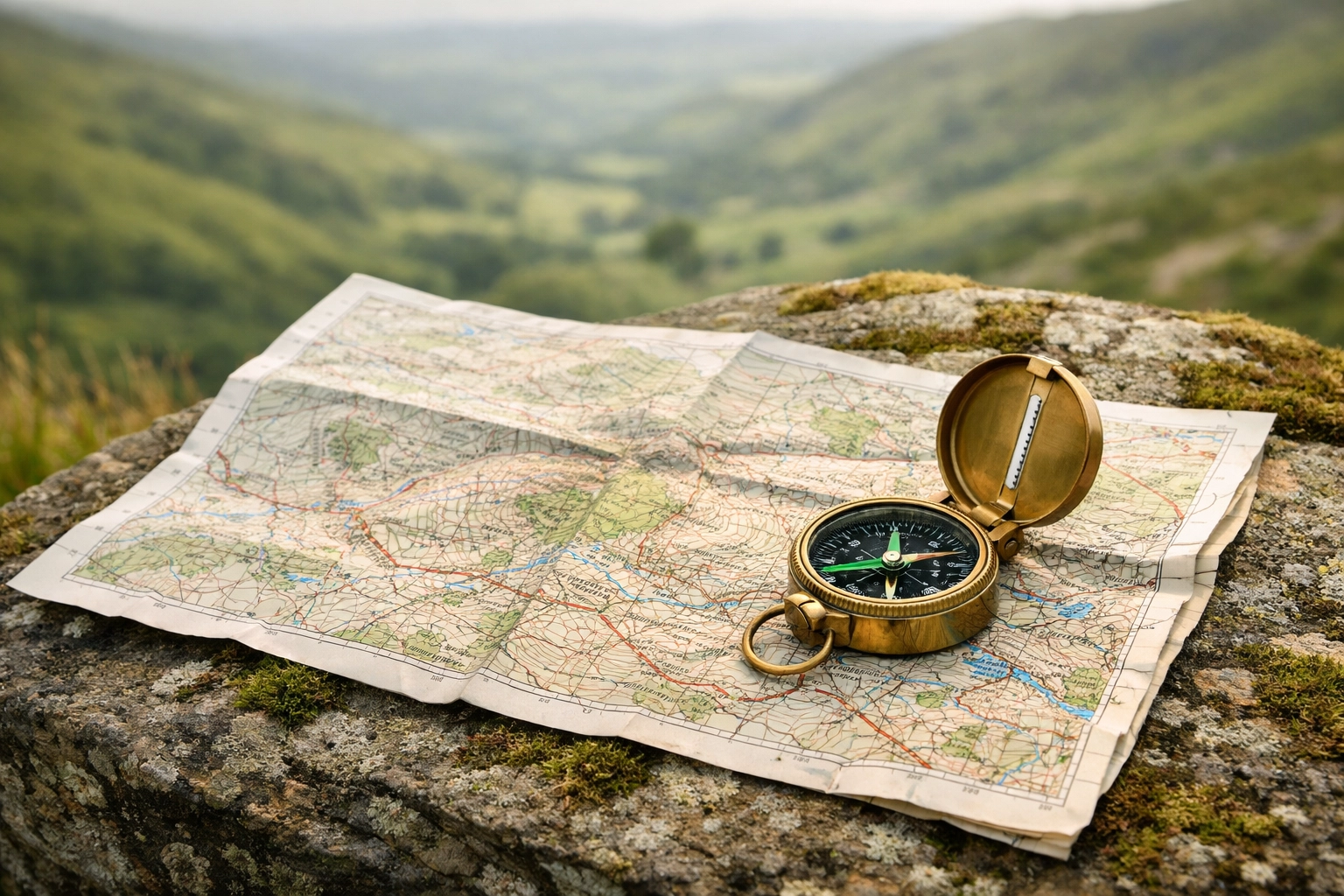 Topographic map and compass on a mossy rock used for planning a wild camping guided UK adventure.