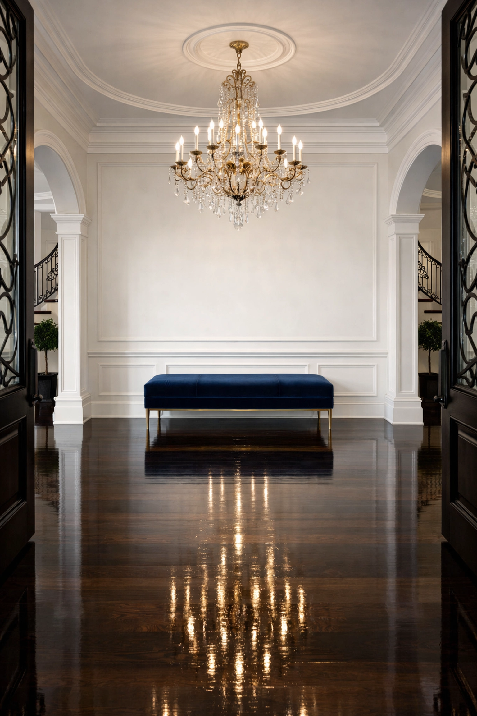 Immaculate grand entryway with polished floors from a weekly house cleaning Needham service.