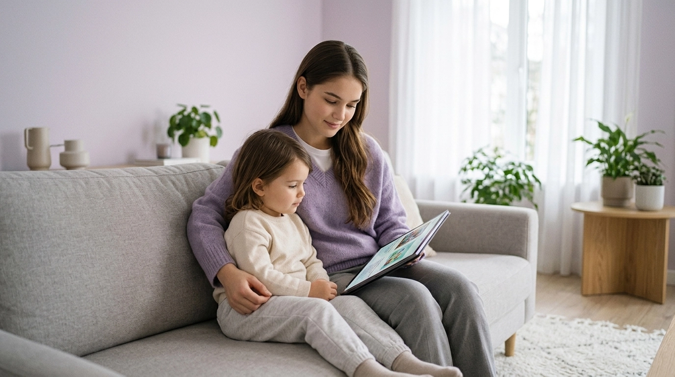 A parent and child sitting together in a calm, naturally lit room looking at a tablet, representing a comfortable online assessment environment.