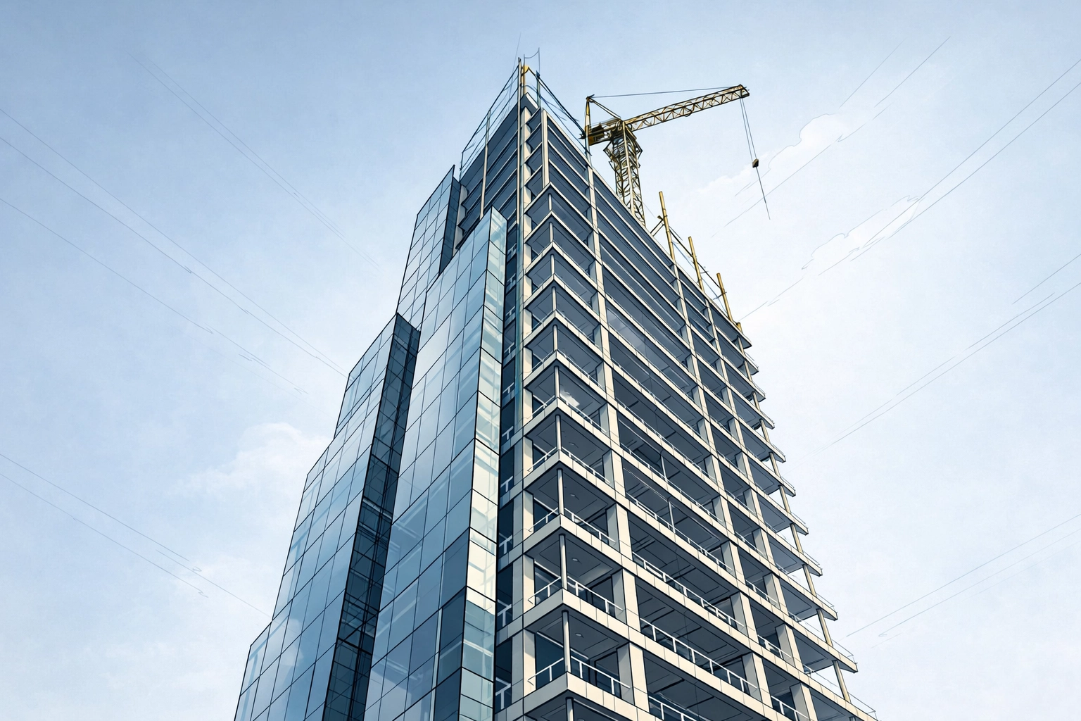 Minimalist skyscraper construction sketch representing scalable growth through asset-based funding solutions.