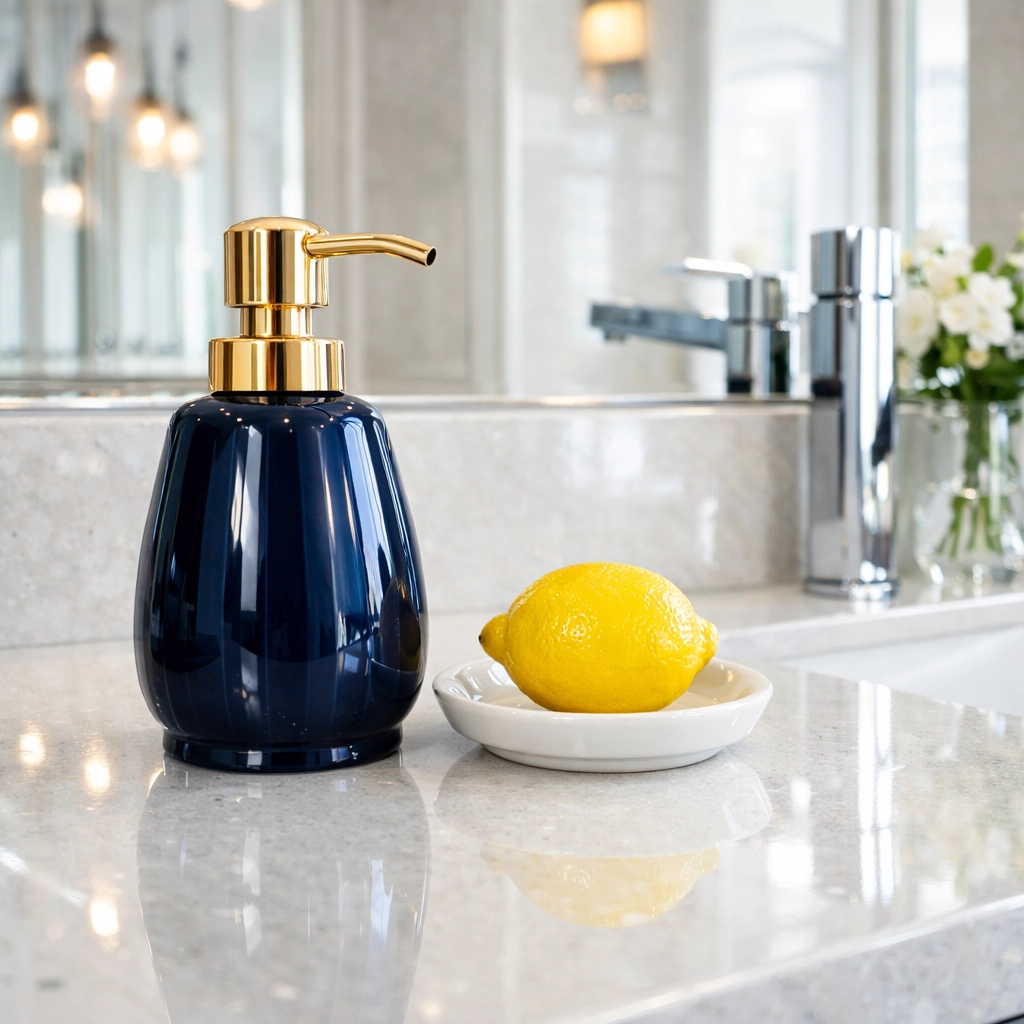 Navy blue soap dispenser on a polished quartz vanity after professional cleaning.