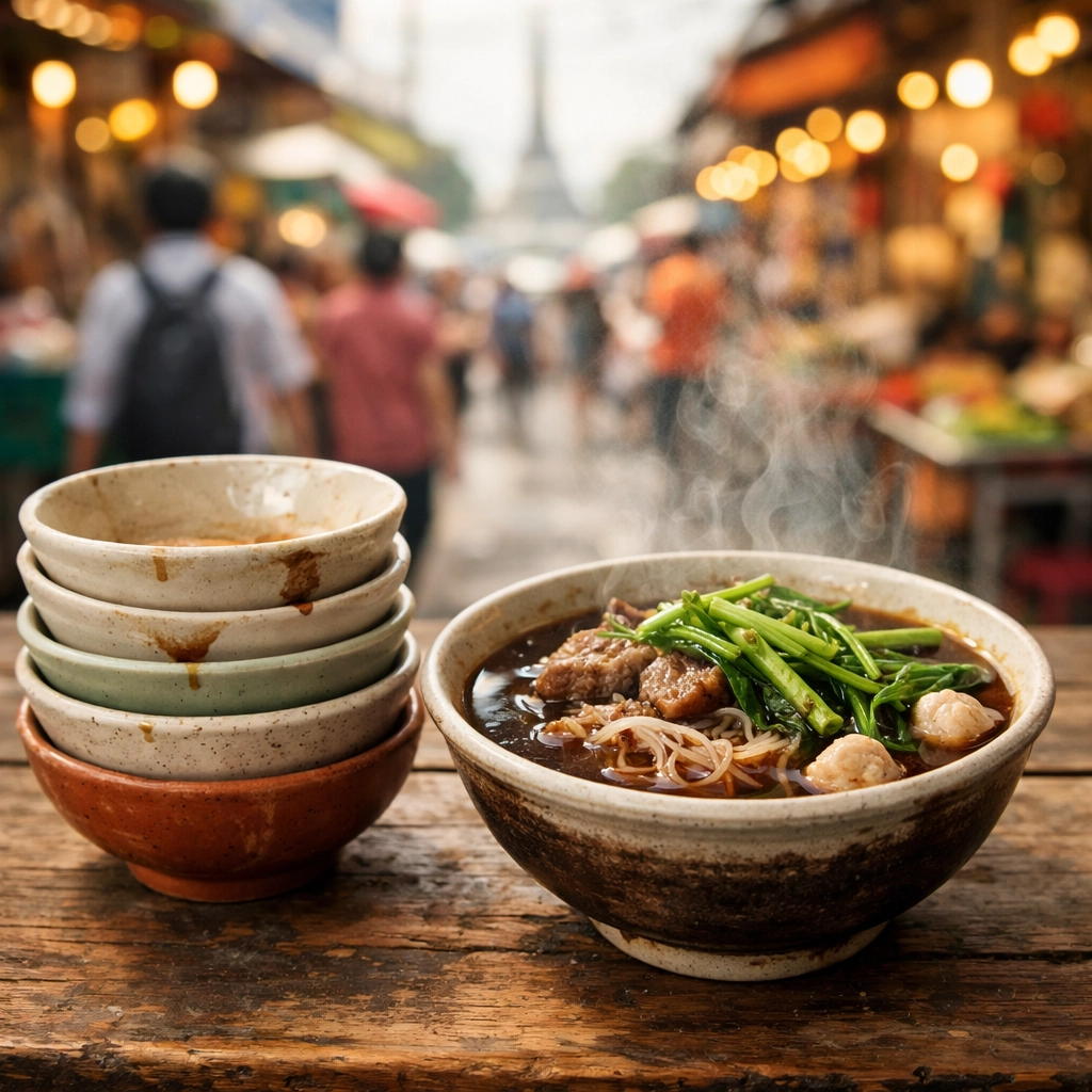 A stack of empty boat noodle bowls at Victory Monument, a top spot for budget travel food in Bangkok.