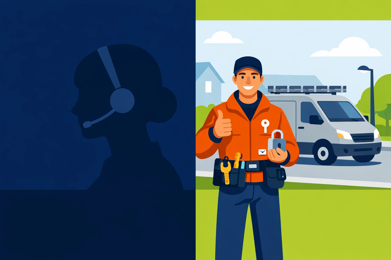 Local emergency locksmith Bristol versus a national call centre dispatcher illustration.