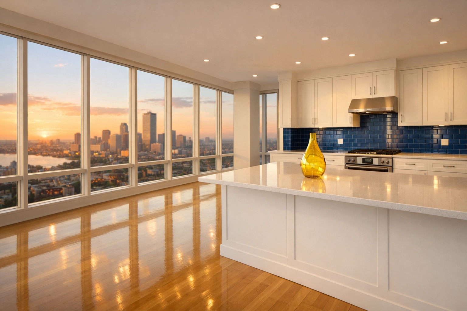 A pristine luxury apartment after expert deep cleaning services in a modern Massachusetts high-rise.