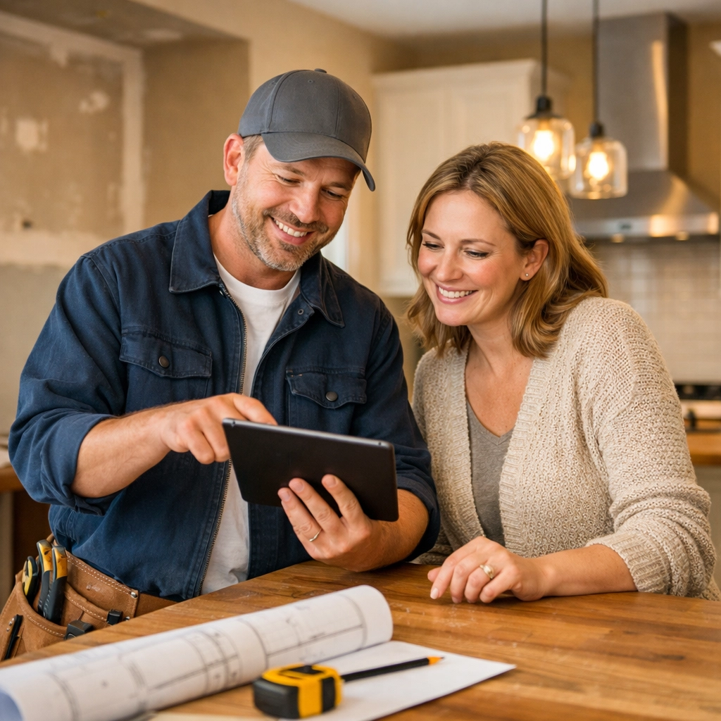 Bay Village remodeling contractor and homeowner reviewing kitchen design plans in a warm, modern home.