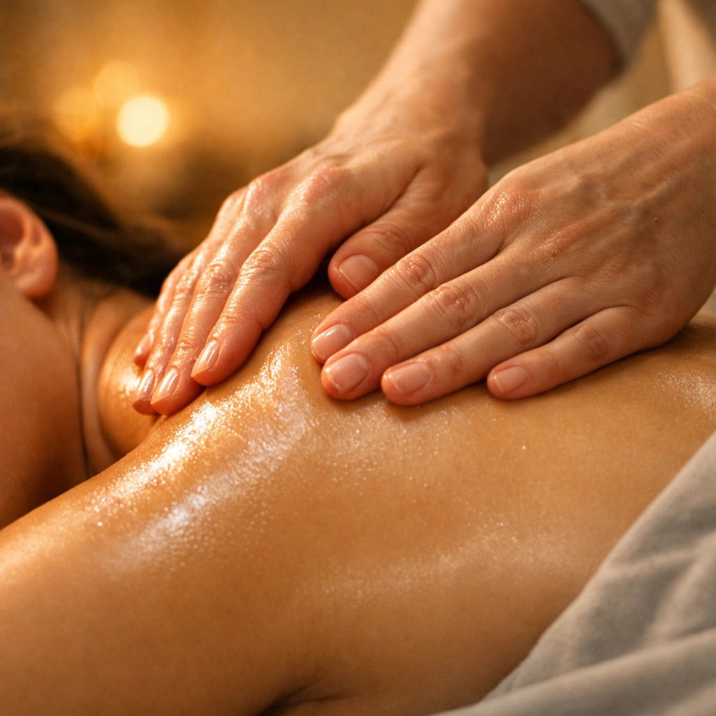 A Registered Massage Therapist uses soothing techniques during a professional Edmonton massage for stress relief.