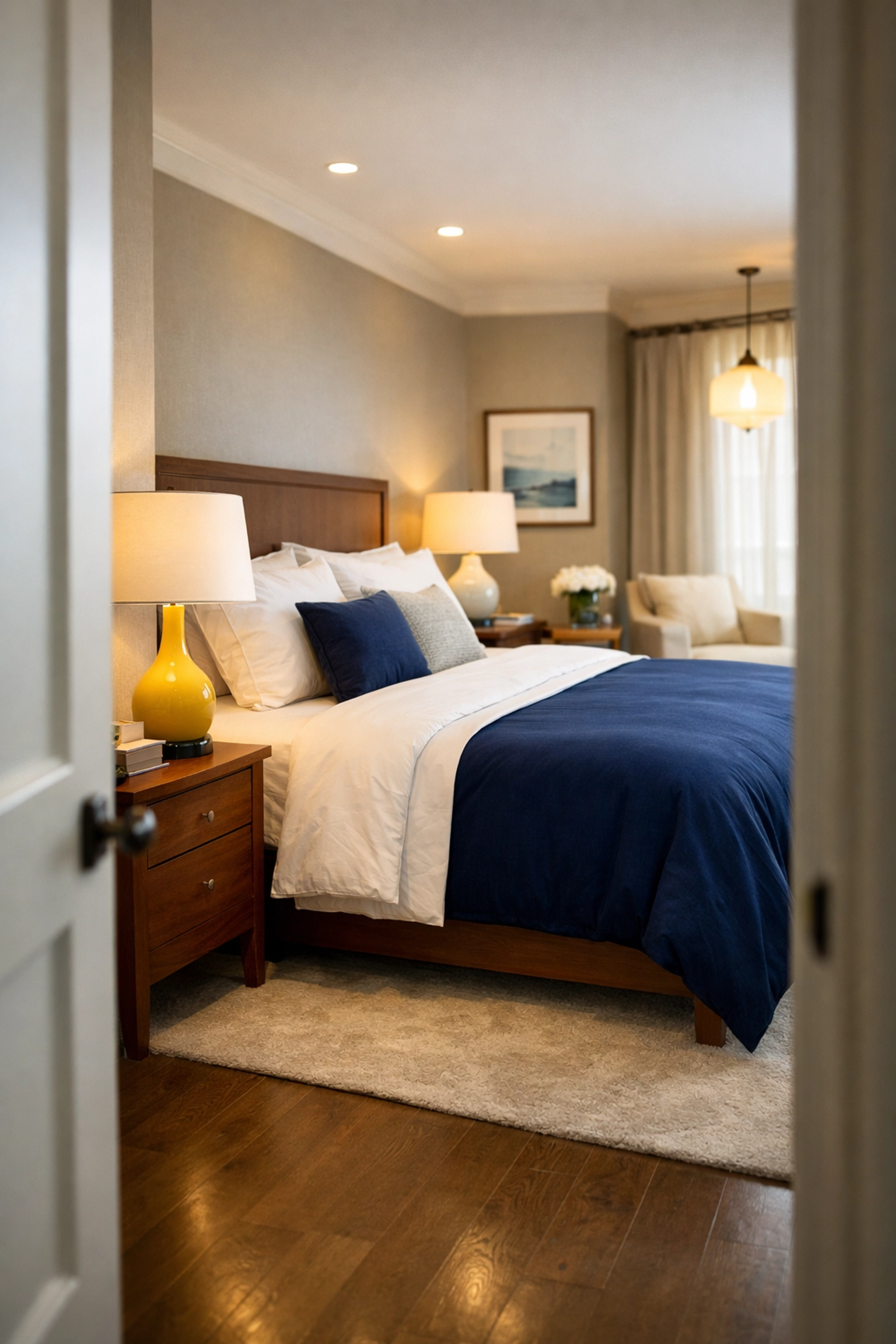 A clean and peaceful master bedroom in Oakham MA after a recurring house cleaning visit.
