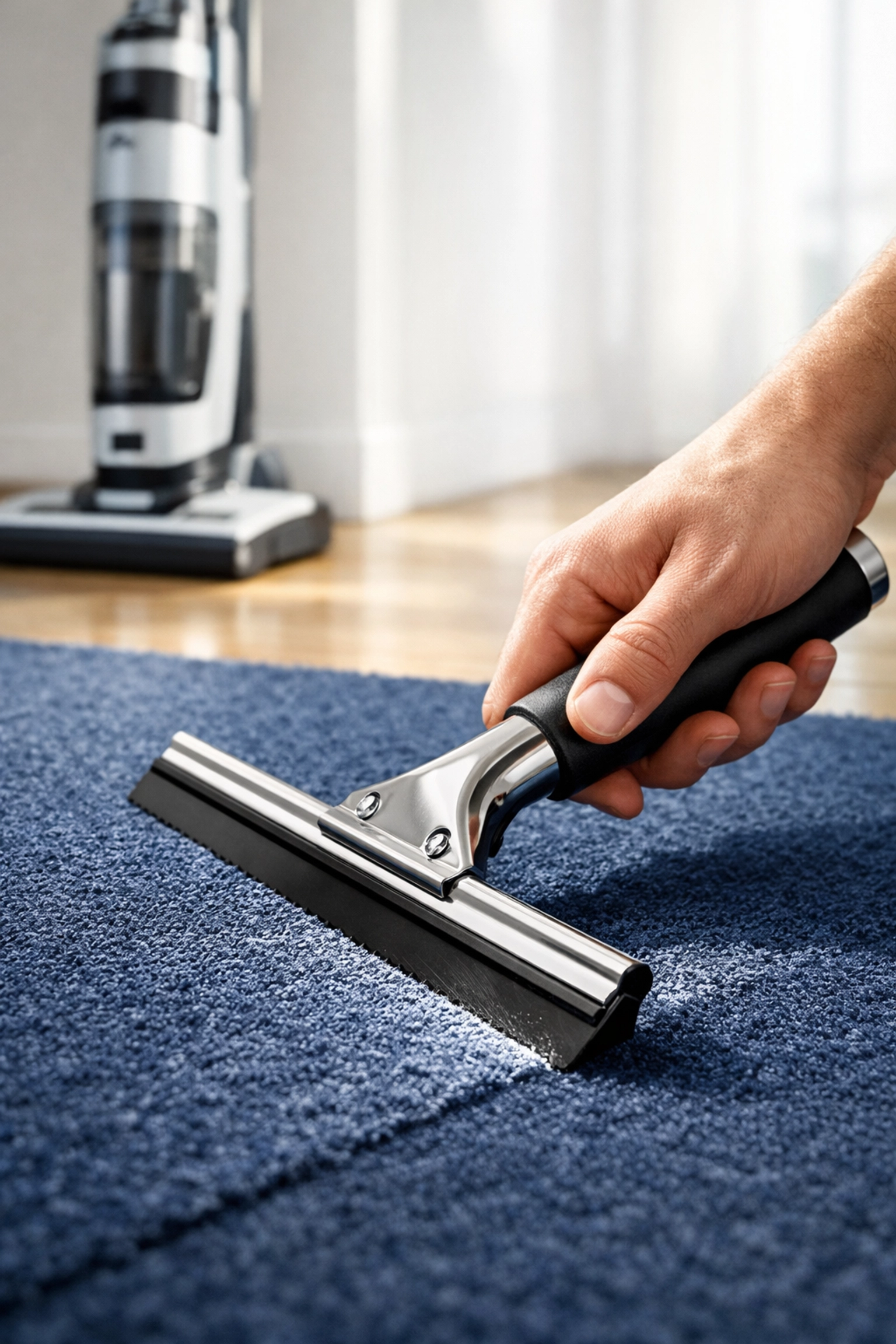 Weekly house cleaning technique using a squeegee to scrape pet fur off a blue carpet.