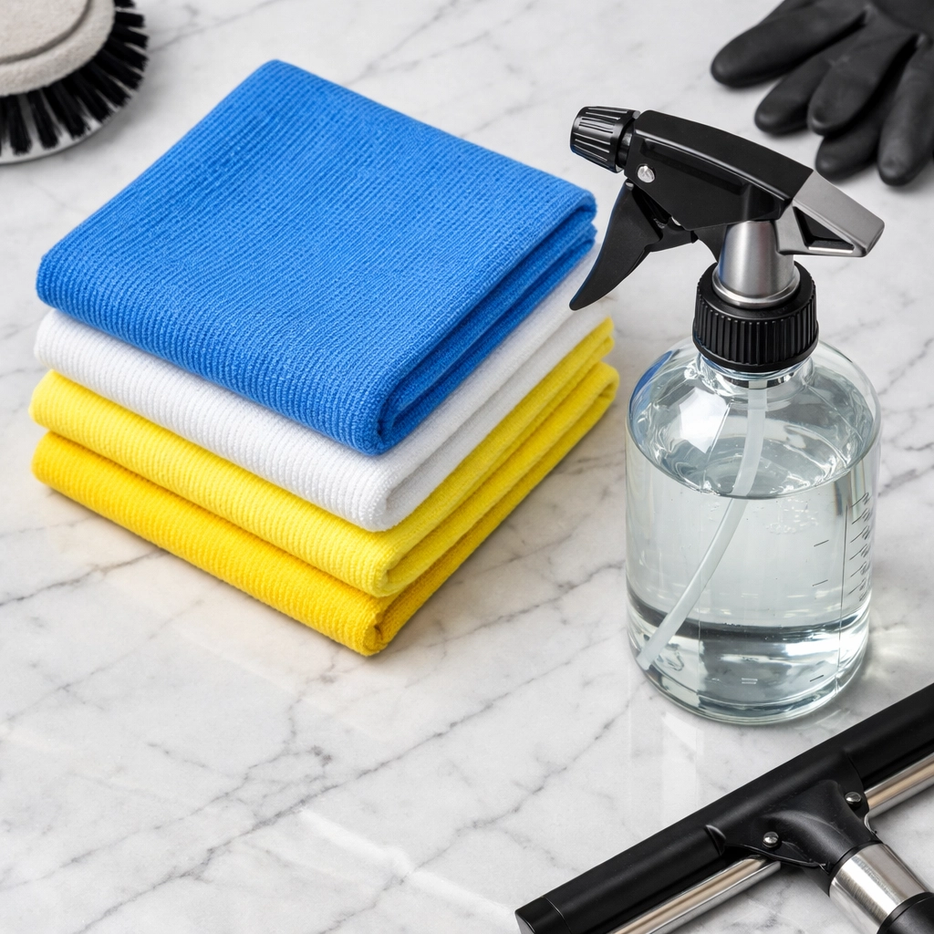 Organized eco-friendly supplies and microfiber cloths for hygienic office cleaning Worcester services.